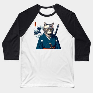 Vaporwave Samurai Cat Great Wave Off Kanagawa Baseball T-Shirt
